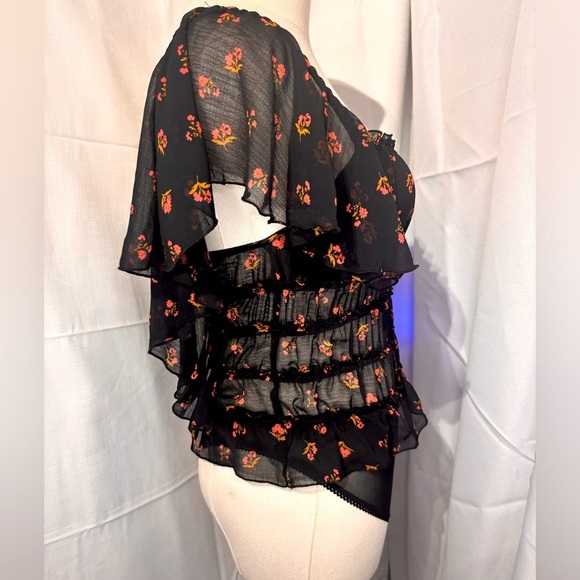 (NWT) Intimately Free People - Black Sheer Floral Ruffle Bodysuit - Picture 2 of 9